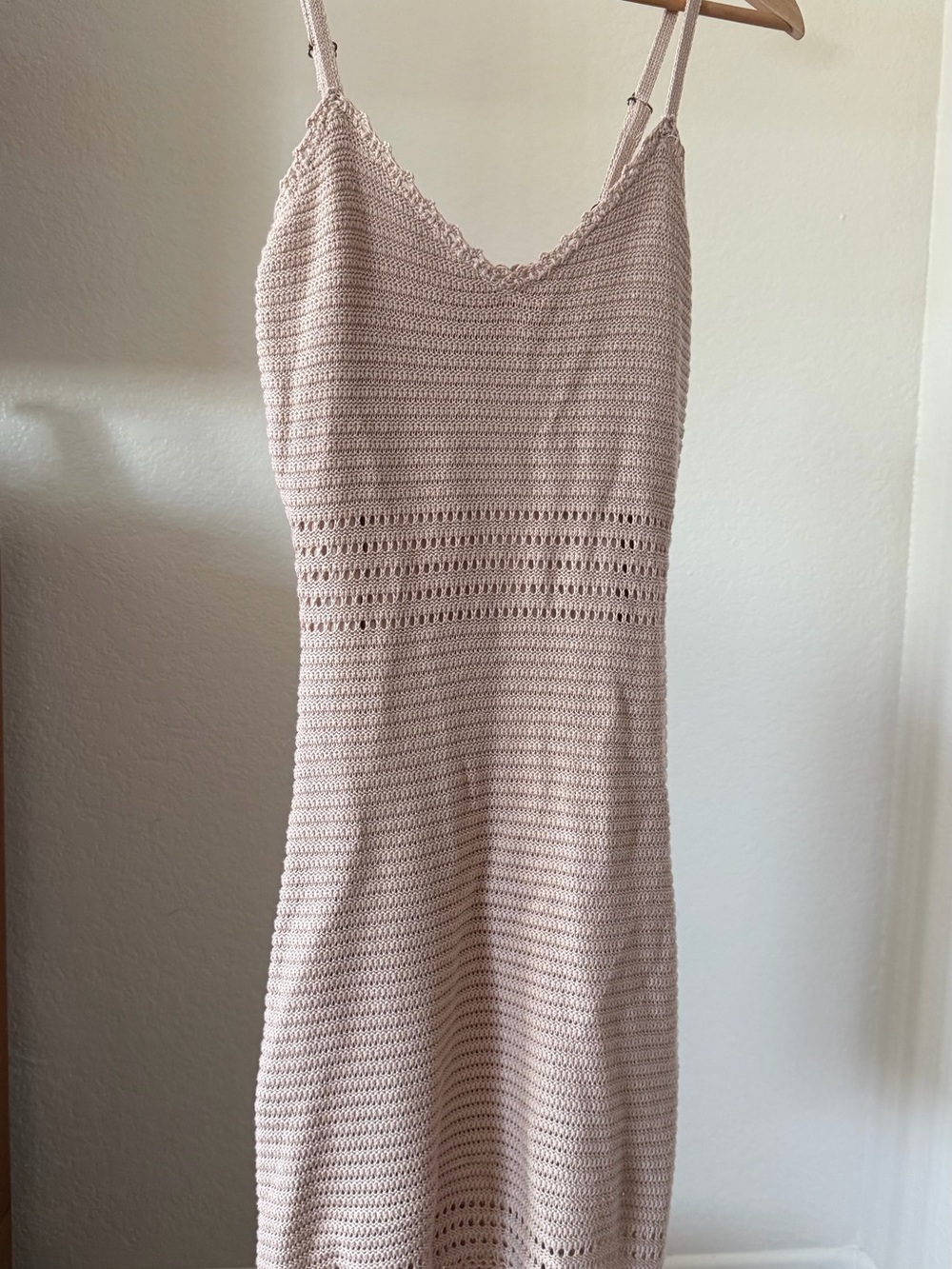 Sleeveless Crochet Knit Slip Dress in Light Beige